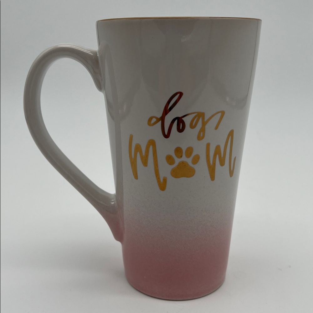 “Dog Mom” Pink and White Tall Coffee Mug with Gold Lettering and Paw Print - Picture 3 of 8